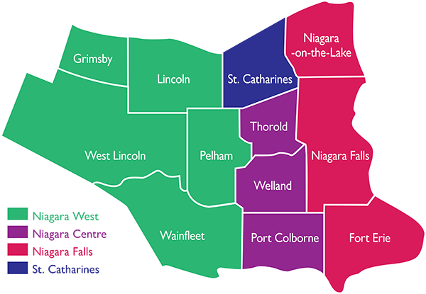 map of provincial and federal election ridings in Niagara