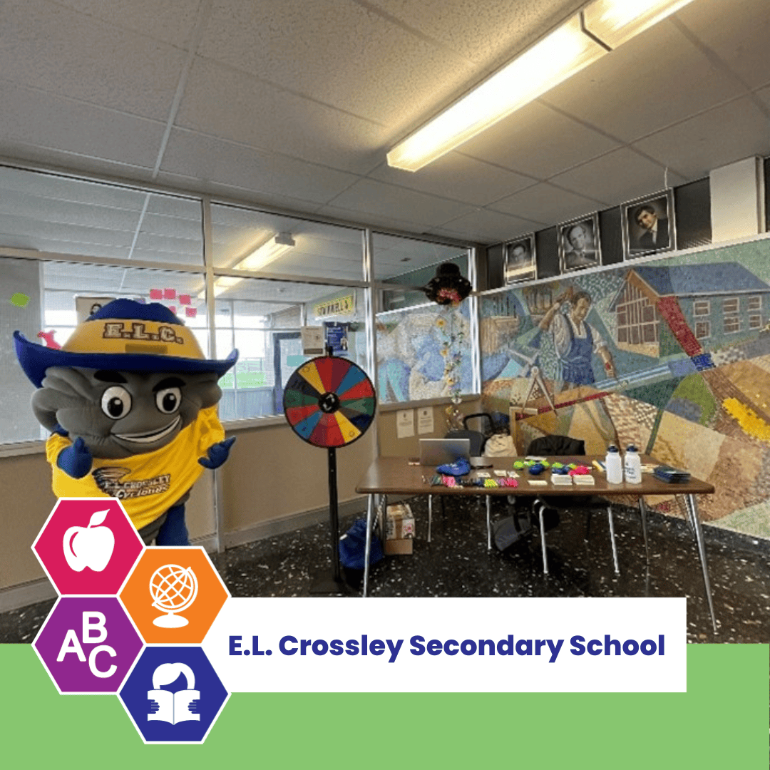 E.L. Crossley's cyclone mascot in front of the activity table.