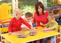 Parent with children at day care centre