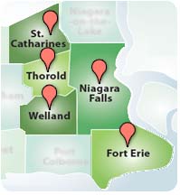 Map displaying dental locations in Niagara: Fort Erie, Niagara Falls, Thorold, Welland