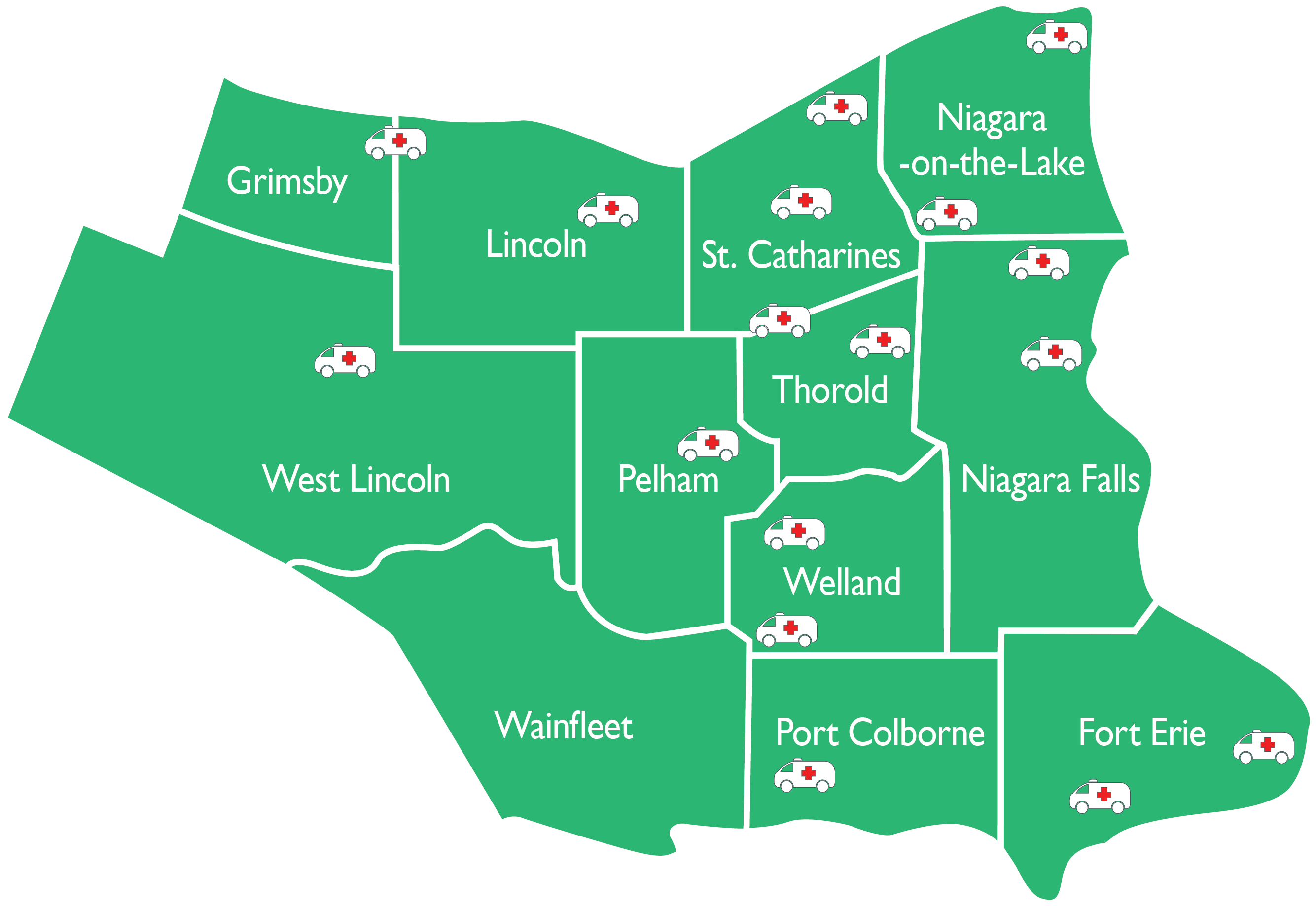 Map showing 17 emergency medical services throughout Niagara