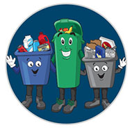Blue box, grey box and green bin mascots