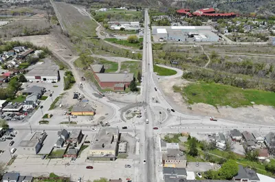  Victoria Avenue and Bridge Street intersection in Niagara Falls during construction in May 2022. The roundabout shape is more obvious now, but is not yet complete