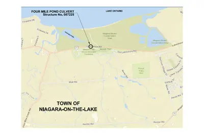 This map shows the Four Mile Pond Culvert location on Lakeshore Road (Regional Road 87) in Niagara-on-the-Lake