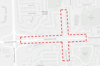 A map showing the affected parts of the Thorold Stone Road and Dorchester Road intersection construction (Thorold Stone Road east of the QEW and Dorchester Road north and south of Thorold Stone Road)