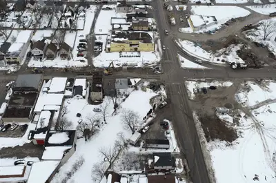 Victoria Avenue and Bridge Street intersection in Niagara Falls during construction in February 2022.