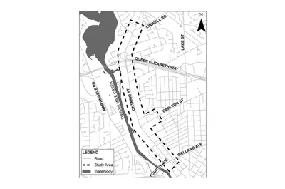This map shows the study area on Ontario Street (Regional Road 42) between Linwell Road and Welland Avenue / Fourth Avenue (Regional Road 77) in St. Catharines.