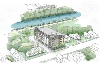 A sketch of the proposed new building, surrounded by trees and in front of a body of water