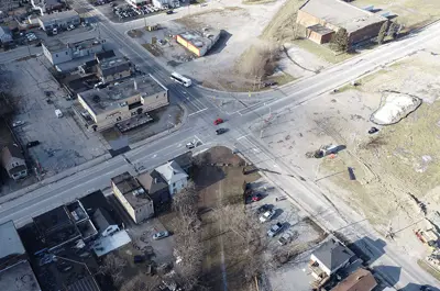 Aerial view of the Victoria Avenue and Bridge Street intersection in Niagara Falls before construction in January 2022