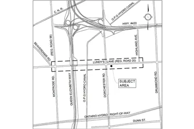 the study area on Lundy's Lane in Niagara Falls, intersecting with Montrose Road, Queen Elizabeth Way, OPG Hydro Canal, Dorchester Road, Highland Avenue