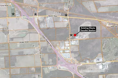 This map shows the location of the existing waste transfer station at Bowen Road and Pettit Road