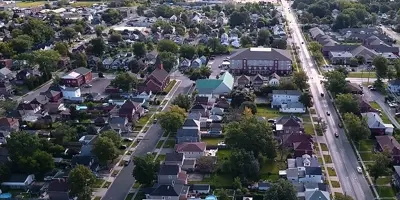 Birds eye view of a cross section of streets in downtown St. Catharines, Ontario.