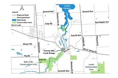 A map showing the bridge location at the intersection of Regional Road 81 and Glen Road