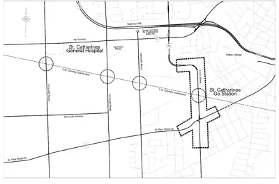 This map shows the study area for the Louth Street Environmental Assessment. The area covers just south of St. Paul Street West to just before Vansickle Street on Louth Street.