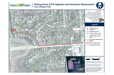 Detailed map showing that the Rolling Acres Sewage Pumping Station upgrade and forcemain replacement work begins at the corner of Thorold Stone Road and Dorchester Road, going west on Thorold Stone Road to Rolling Acres Crescent, and proceeding to the end of Rolling Acres Crescent.