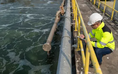 Engineer making notes while working at a wastewater treatment plant