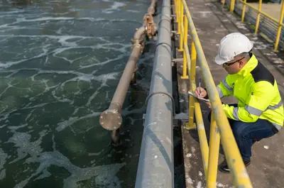 Engineer making notes while working at a wastewater treatment plant