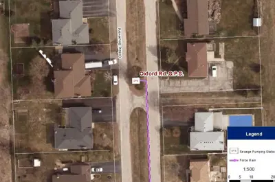This map shows the location of the sewage pumping station on Oxford Boulevard.