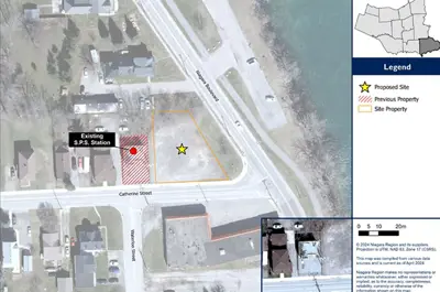 This map shows the existing and proposed site location for the Catherine Street Pumping Station in Fort Erie.