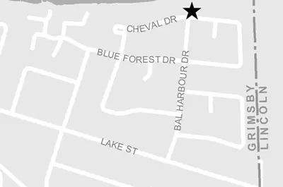 A map showing the location of the Bal Harbour Pumping Station in Grimsby, at 29B Cheval Dr. at the intersection with Bal Harbour Drive.
