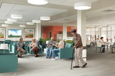 A large common area featuring bright lights and seating