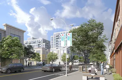 Completed roadway rendering for Bridge Street in Niagara Falls with buildings in the area, vehicles on the road and pedestrians on the sidewalk.