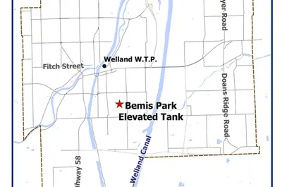 A map showing the location of the Bemis Park Elevated Tank, west of the Welland Canal