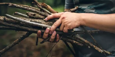Person bundling cut branches.