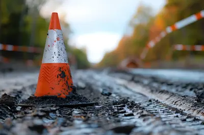 Traffic cone on a muddy road with caution tape