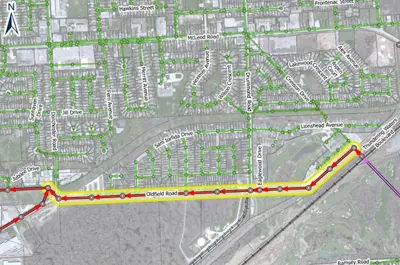 his map shows the location on Oldfield Road where the trunk sewer rehabilitation will take place in Niagara Falls