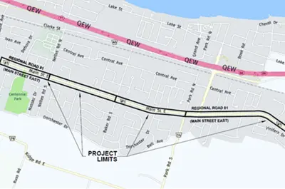 This map shows the location on Main Street East (Regional Road 81) in Grimsby where the road reconstruction will take place.