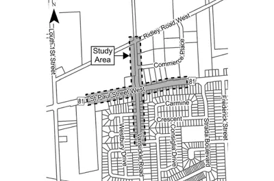 the study area on St. Paul Street West (Regional Road 81) and Vansickle Road in St. Catharines.