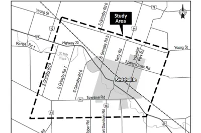 The four boundaries of the study area are marked on a map: roughly Young Street to the north, South Grimsby Road 8 to the west, Townline Road to the south, and Industrial Park Road to the east.