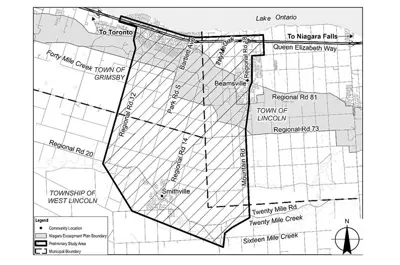 This map shows the proposed transportation crossing study area in Grimsby, Lincoln and West Lincoln.