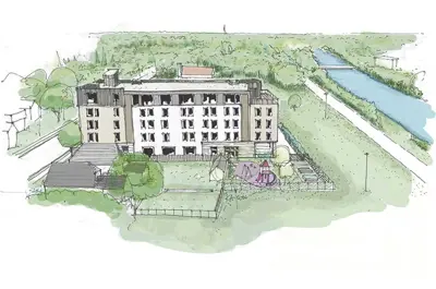 A sketch of the proposed new building, surrounded by trees and in front of a body of water
