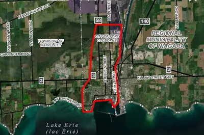 A satellite map of Port Colborne and surrounding areas with the area being studied marked by a red border