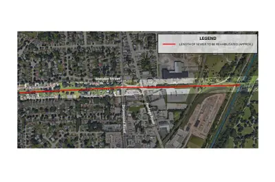 Map of project area on Sheldon Street in Niagara Falls. A line shows the full length of sewer being rehabilitated