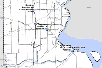 Map showing the locations of the Lundy's Lane Elevated Tank, Kent Avenue Reservoir and Booster Pumping Station, and Niagara Falls WTP and Reservoir