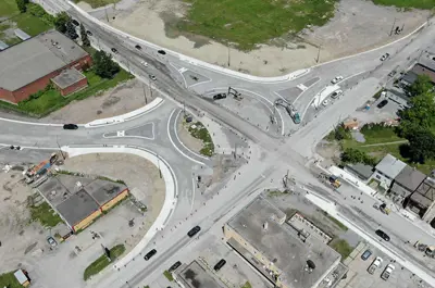 Victoria Avenue and Bridge Street intersection in Niagara Falls during construction in June 2022. Roads leading into and out of the roundabout have now been connected to it