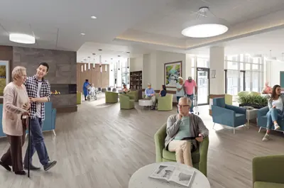 A large common area featuring bright lights and seating