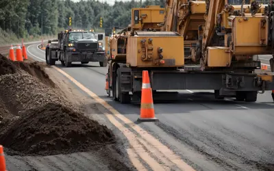 Construction vehicle and truck parked in a road construction zone with pylons
