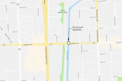 In this map of Niagara Falls, an arrow points to Lundy's Lane at the Hydro Canal, which is where the Hydro Canal Bridge rehabilitation will take place