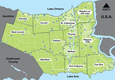 Map of Niagara with boundaries for the 12 cities and towns
