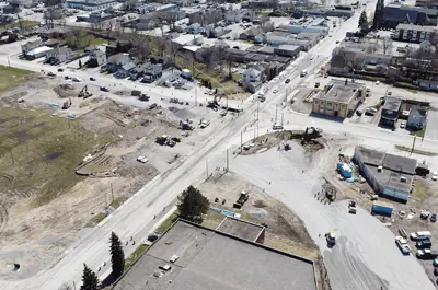 Victoria Avenue and Bridge Street intersection in Niagara Falls during construction in April 2022. The roundabout is beginning to take shape