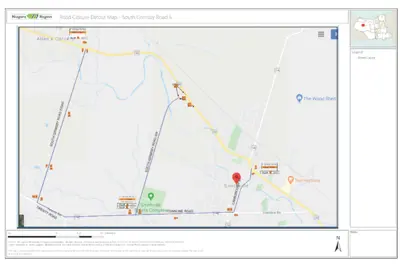 A map showing the detour for the temporary road closure for roundabout construction of South Grimsby Rd. 6