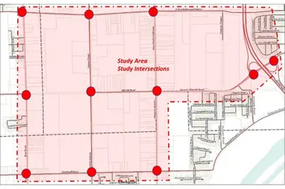 A map detailing the Merritt Road Rice Road study area